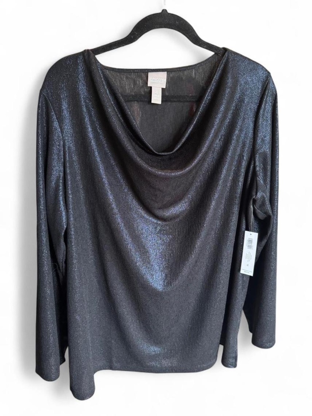 NWT Chico’s Cowl Neck Foil Top Midnight Shimmer Long Sleeve Size 2X (20)
